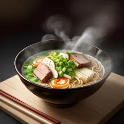 AI image generated from prompt: "an anime food illustration of ramen with glossy broth, steam, sliced pork, scallions, bokeh background, mouthwatering specular highlights…" — ReV Animated model