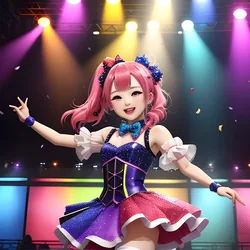 AI image generated from prompt: "an anime idol stage performance, colorful spotlights, confetti, glittering outfit, energetic pose, vibrant saturated palette, sharp spark…" — ReV Animated model