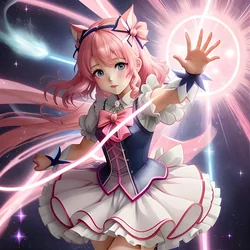 AI image generated from prompt: "an anime magical girl transformation moment, swirling ribbons of light, star particles, dynamic pose, clean lineart, bright pastel energy" — ReV Animated model