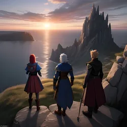 AI image generated from prompt: "an anime fantasy party lineup (warrior, mage, rogue, healer) on a cliff at sunrise, wind in hair and capes, epic scale, strong silhouettes" — ReV Animated model