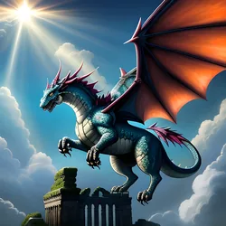 AI image generated from prompt: "an anime dragon flying over ancient ruins, dramatic clouds, sun rays, massive wings, detailed scales, sense of awe" — ReV Animated model