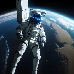 AI image generated from prompt: "an anime sci-fi spacewalk, astronaut in sleek suit, Earth in the background, reflective helmet, cool blue lighting, floating debris" — ReV Animated model
