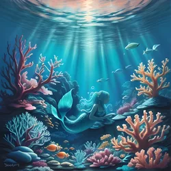 AI image generated from prompt: "an anime underwater scene with a mermaid among coral reefs, sunbeams through water, bubbles, colorful fish, soft dreamy palette" — ReV Animated model