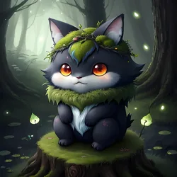 AI image generated from prompt: "an anime forest spirit creature (cute but mysterious) sitting on a mossy stump, fireflies, soft moonlight, painterly background, gentle g…" — ReV Animated model
