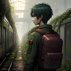 AI image generated from prompt: "an anime post-apocalyptic city overgrown with vines, abandoned trains, hazy sunlight, a lone explorer with backpack, cinematic wide shot" — ReV Animated model