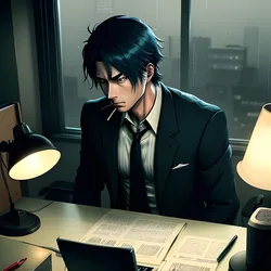 AI image generated from prompt: "an anime detective noir scene in a dim office, desk lamp, cigarette smoke, rain on window, moody shadows, limited color palette" — ReV Animated model