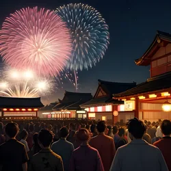 AI image generated from prompt: "an anime festival night scene, yukata, lanterns, fireworks in the sky, lively crowd, warm glow, romantic atmosphere" — ReV Animated model