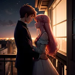 AI image generated from prompt: "an anime romantic balcony scene at twilight, two characters sharing a quiet moment, soft backlight, subtle blush, bokeh lights" — ReV Animated model