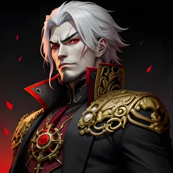 AI image generated from prompt: "an anime villain portrait with dramatic low-key lighting, sharp smirk, ornate coat, crimson accents, high contrast, intimidating aura" — ReV Animated model