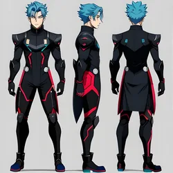 AI image generated from prompt: "an anime character design sheet: front/side/back views of a futuristic courier, accessories and color swatches, clean lineart, flat colors" — ReV Animated model