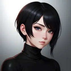 AI image generated from prompt: "an anime character portrait with strong studio lighting: short-haired girl in a black turtleneck, glossy eyes, smooth shading, minimal ba…" — ReV Animated model