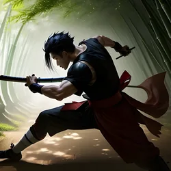 AI image generated from prompt: "an anime samurai in a bamboo grove, katana drawn, wind-swept leaves, dappled sunlight, cinematic depth, dynamic stance" — ReV Animated model