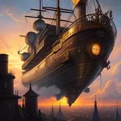 AI image generated from prompt: "an anime steampunk airship deck scene, brass machinery, billowing clouds, goggles and leather, warm sunset, detailed textures" — ReV Animated model