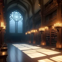 AI image generated from prompt: "an anime high fantasy library interior, towering shelves, floating candles, ornate arches, soft volumetric light, wide-angle perspective" — ReV Animated model
