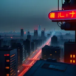 AI image generated from prompt: "an anime city skyline at blue hour, neon signage, elevated train passing, reflective glass, crisp silhouettes, atmospheric haze" — ReV Animated model