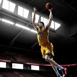 AI image generated from prompt: "an anime sports moment: basketball player mid-dunk, sweat droplets, stadium lights, motion lines, powerful pose, high contrast" — ReV Animated model