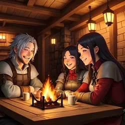 AI image generated from prompt: "an anime medieval tavern interior, warm firelight, adventurers laughing, mugs and food, detailed wood textures, cozy atmosphere" — ReV Animated model
