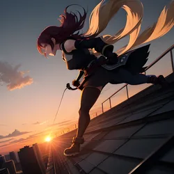 AI image generated from prompt: "an anime rooftop chase scene at sunset, long shadows, dynamic perspective, wind-blown clothing, cinematic framing" — ReV Animated model