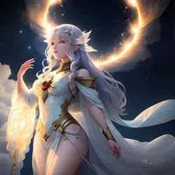 AI image generated from prompt: "an anime celestial goddess above clouds, flowing translucent fabric, starfield halo, luminous gradients, ethereal glow, elegant pose" — ReV Animated model