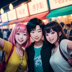 AI image generated from prompt: "an anime group shot of friends taking a selfie at a night market, colorful signs, mixed lighting, candid smiles, shallow depth of field" — ReV Animated model