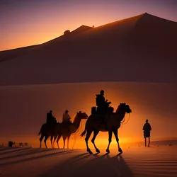 AI image generated from prompt: "an anime concept art of a desert caravan at dusk, silhouetted camels and travelers, windblown sand, warm orange-purple sky, cinematic wid…" — ReV Animated model